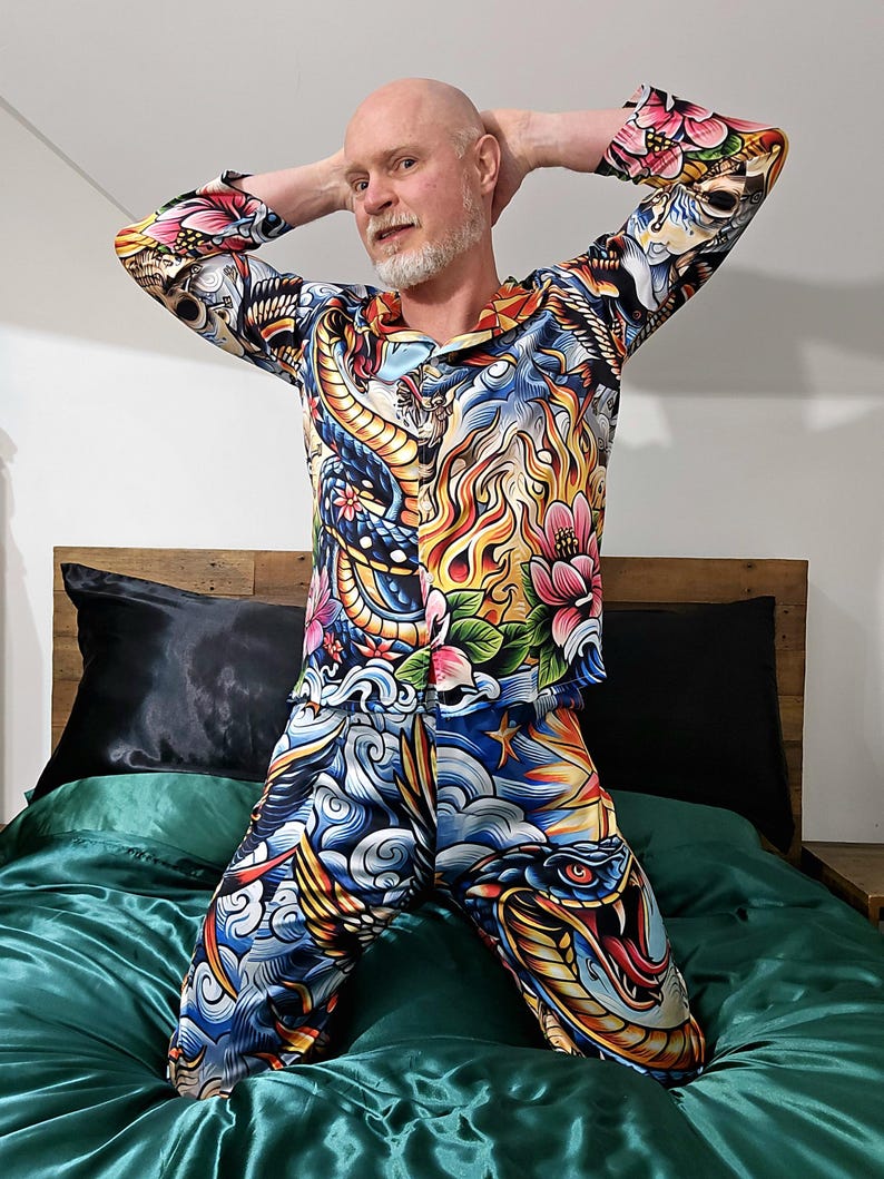 Tattoo Schlange Cobra Satin Pyjamas Nachtwäsche Geschenk Herrenmode Loungewear Luxus PJ's Geburtstag Vatertag Rockabilly Vintage Nautisch Bild 15