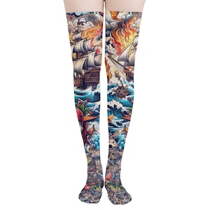 Sailor Tattoo Thigh High Stockings, Nautical Pirate, Over the Knee, Skull Tights, Sexy Socks, Biker Gift, Rocker Festival Tattooed Legs Ink