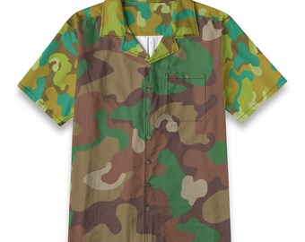 Camouflage Cotton Shirt Button Up Collared Pocket Short Sleeve Handmade Streetwear Camo  Oxford, Gift for Him, Lodge Hunting Green Brown