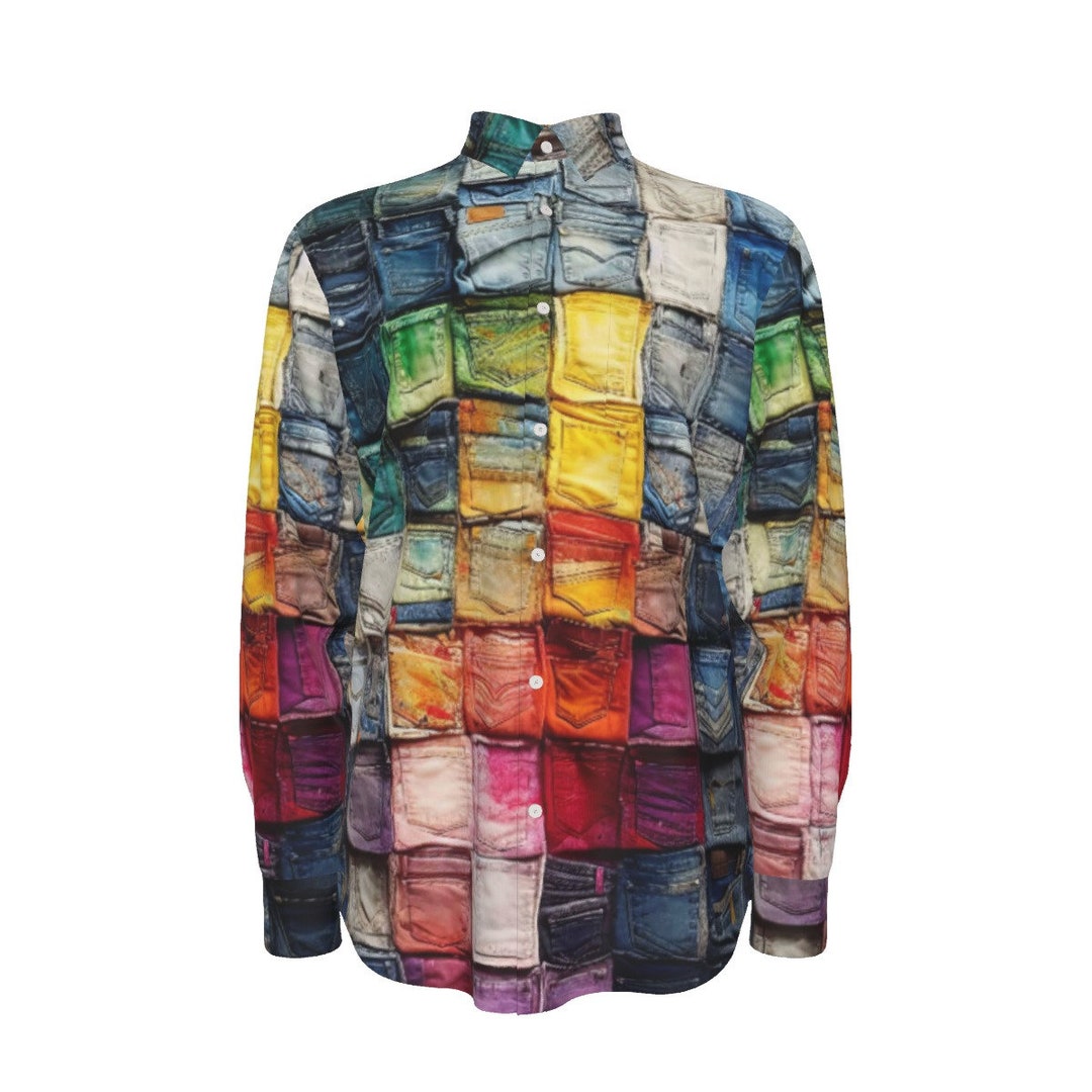 Ombre Patchwork Mens Cotton Shirt, Long Sleeve Button up