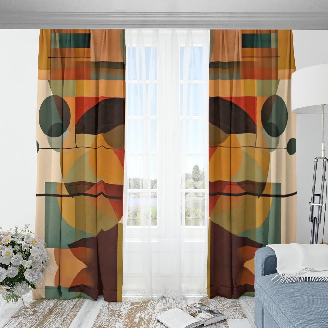 ミッドセンチュリーモダン遮光カーテン、レトロな不透明ドレープ、2枚