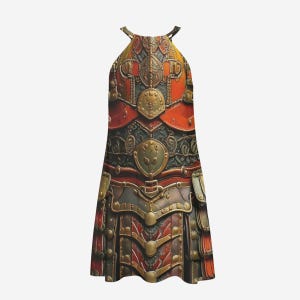 May include: A sleeveless dress with a halter neckline featuring a print of a detailed, ornate, metallic armor design in shades of red, gold, and brown.