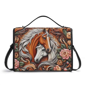 Bolso estilo western horse, bolso de mano vaquero de piel auténtica de grano superior, regalo para amantes de los caballos, bolso de hombro de lujo silencioso, ecuestre, floral, bohemio