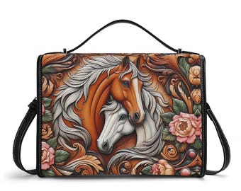 Westernpferd Umhängetasche, Echtleder Cowboy Handtasche, Pferde Liebhaber Geschenk, Ruhige Luxus Schultertasche, Reiter, Floral, Boho