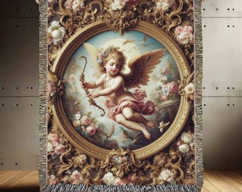 Cupid Cotton Woven Blanket, Putti Throw Rococo Couch Cover Blanket Shawl, Floral Decor Tapestry Angels Art, Made in U.S.A, Valentine, Love