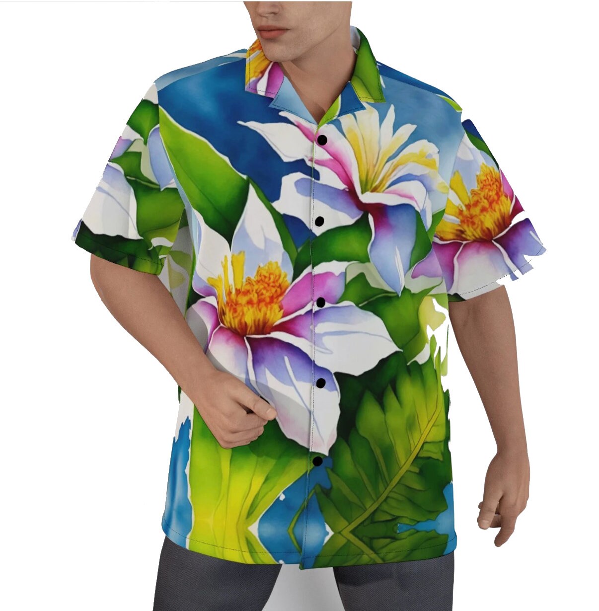 Cotton Floral Aloha Shirt  Short Sleeve, Tall Man Gift, Tropical Loud Vibrant Floral Watercolor Flowers Tropical Watercolor Hibiscus Travel