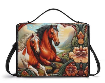 Westernpferd Umhängetasche, Echtleder Cowboy Handtasche, Pferde Liebhaber Geschenk, Ruhige Luxus Schultertasche, Reiter, Floral, Boho