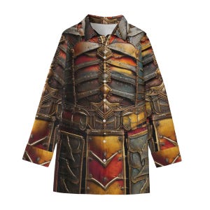 May include: A long-sleeved button-up shirt with a pattern of gold, brown, and red armor. The shirt has a classic collar and a button-up front.