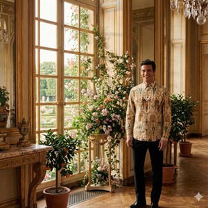 May include: A man in a patterned long-sleeved shirt and black trousers stands in a room with large windows and floral displays. The room has a classic design with potted plants and ornate gold detailing. The shirt has a beige and brown pattern.