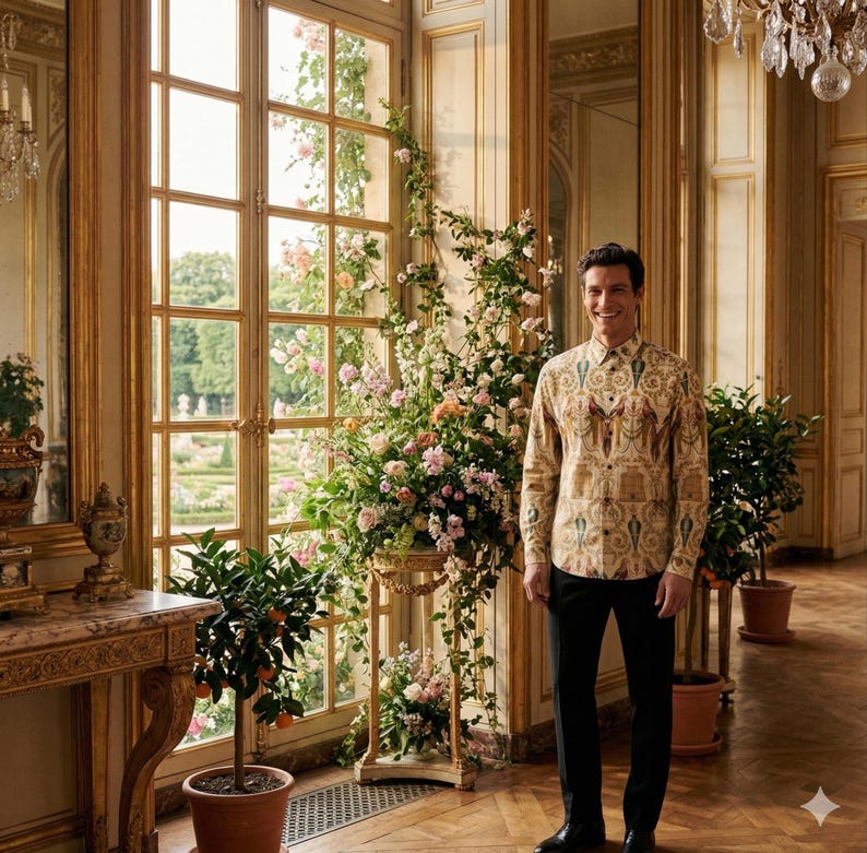 May include: A man in a patterned long-sleeved shirt and black trousers stands in a room with large windows and floral displays. The room has a classic design with potted plants and ornate gold detailing. The shirt has a beige and brown pattern.