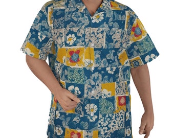 Aloha Hawaiian Shirt Cotton Dress Short Sleeve Button Up Down Gift Big Tall XS/S/M/L/XL/2XL/3XL/4XL/5XL Blue Tapa Tiki Patchwork Floral Boho