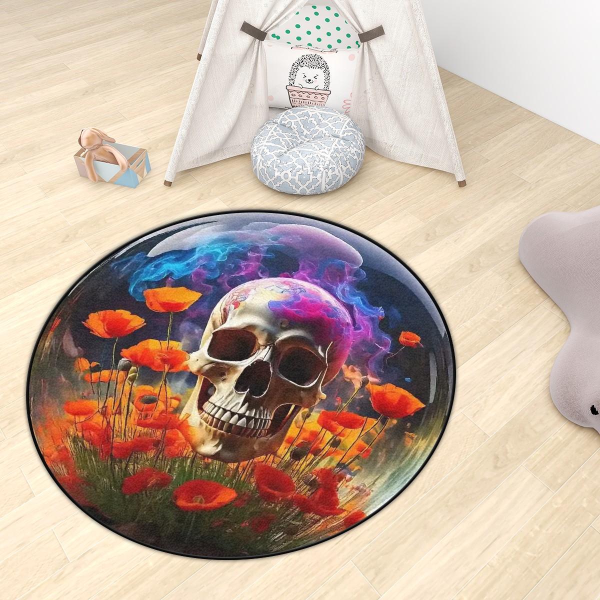 Poppy Skull Round Rug, Optical Illusion 3d Rugs, Circle Mats, Playroom ...