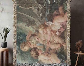 Boucher Cherub Cotton Woven Blanket, Putti Throw Cherubim Couch Cover Blanket Shawl, Rococo Decor Tapestry Angels Art, Made in U.S.A Cupid