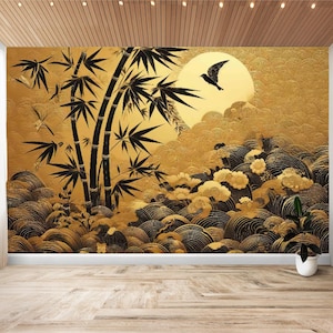 Chinoise Gold Bamboo, Wallpaper Peel and Stick, Vinyl Wall Mural, Art ,Cherry Blossom  Home Decor, Wall Sticker,  Contemporary Silhouette