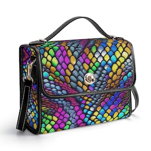 Cartera de piel auténtica con diseño de serpiente, bolso de mano de piel psicodélica, bolso de hombro morado, bolso de mensajero colorido, cartera de serpiente, Rave