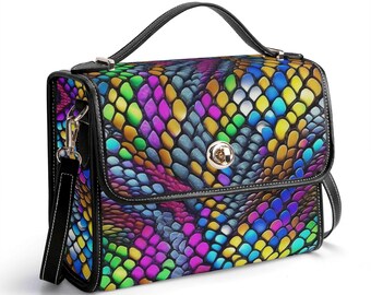 Snakeskin Genuine Leather Satchel, Psychedelic Leather Handbag, Purple Shoulder Bag, Colorful Messenger Bag, Snake Pocketbook, Rave