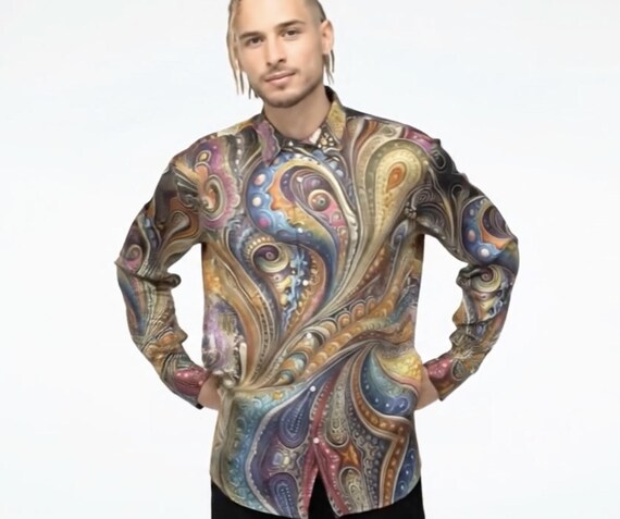 rainbow dress shirt mens Rainbow Swirl Men's Long Sleeve Faux Linen Button-Down, Lightweight & Stylish