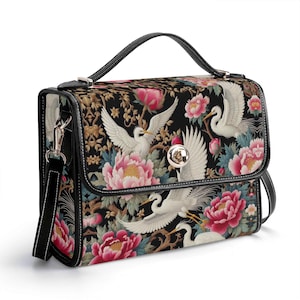 Cartera de piel auténtica con diseño de grulla, cartera de piel con diseño de peonía, bolso de mano de piel con diseño de pájaro, bolso de hombro chinoise, cartera con diseño de garceta, bolso de mensajero con diseño floral