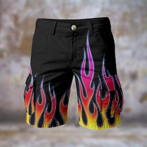 Hot Rod Flames Mens Cargo Shorts Motorcycle Fire Rocker Casual Walking Travel Statement Streetwear Resort Showstopper Beach, Gift for Him