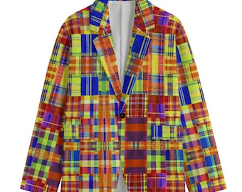 Tropical Madras Patchwork Plaid Mens Sports Coat Blazer Suit Jacket Island Country Club Preppy Resort Loud Windowpane Tartan Blackwatch Neon