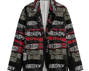 Punk Rock Cotton Blazer Mens Sport Coat Casual Jacket Damaged Youth QR Code Music Experience Streetwear Statement Hardcore Musical