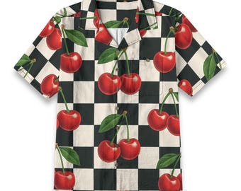 Retro-Bowlinghemd aus Baumwolle mit Kirsch-Schachbrettmuster, Hawaii-Stil, Kurzarm, Herren-Reverskragen, Knopfleiste, Rockabilly-Stil, 3D-Kirschen, Skate-Punk-Geschenk