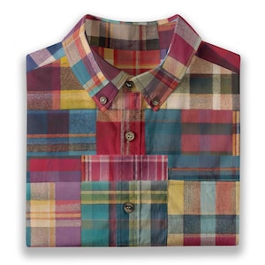 Muted Green Red Patchwork Madras Plaid Mens Short Sleeve Shirt Breathable Cotton Coconut Buttons Button Up Collared, Birthday Gift for Son image 5
