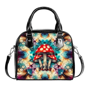 Bolso bandolera psicodélico con forma de hongo, colorido y vibrante, con efecto tie-dye, ideal como regalo para una fiesta, con mandala líquido, caleidoscopio y arcoíris.