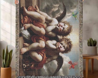 Rococo Cherub Cotton Woven Blanket, Putti Throw Cherubim Couch Cover Blanket Shawl, Baroque Decor Tapestry Art, Made in U.S.A, Bored Angels