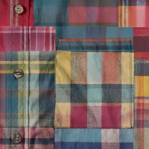 Muted Green Red Patchwork Madras Plaid Mens Short Sleeve Shirt Breathable Cotton Coconut Buttons Button Up Collared, Birthday Gift for Son image 6