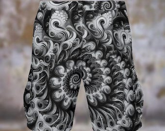 Black White Spiral Fractal Mens Cargo Shorts Psy Rave Statement Streetwear  Gift for Him