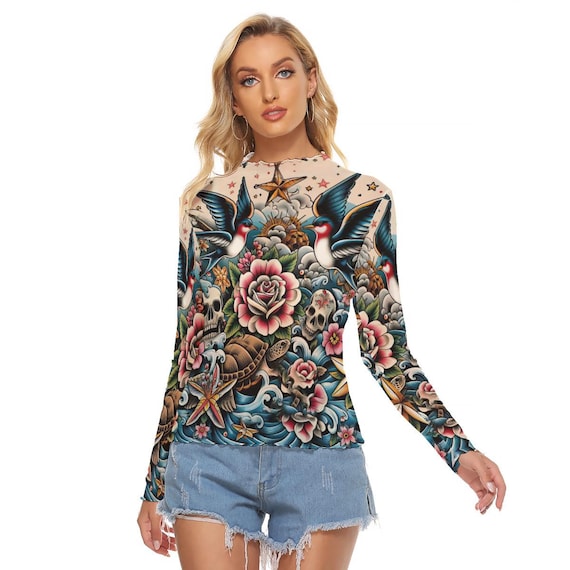 Floral Sailor Tattoos Mesh Top See Thru Shirt Blouse Skin Tight