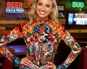 Lady Luck tatouage maille transparent haut chemisier seconde peau chemise serrée cadeau transparent club motard rocker festival vintage marin tatouages rétro feu