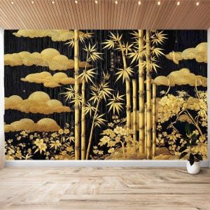 Chinoise Gold Bamboo, Wallpaper Peel and Stick, Vinyl Wall Mural, Art ,Cherry Blossom Home Decor, Wall Sticker, Contemporary Silhouette
