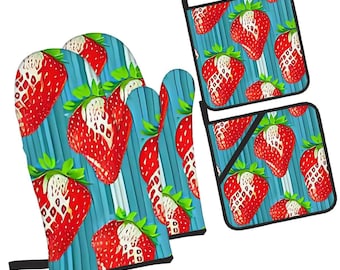 Set di 4 presine con motivo fragola, guanti da cucina, guanti da forno, regalo per cuoco, chef, regalo per inaugurazione casa, isolanti, stile rustico country.