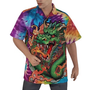 Hawaiian Dragon Shirt Tie Dye Mens Cotton Aloha Shirt Hawaii Hawaiian Shirt Button Up Short Sleeve Vibrant Tied Dyed Gift Retro Bowling