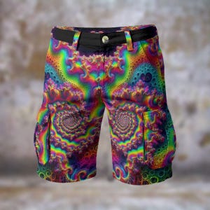 Neon Psychedelic Fractal Mens Cargo Shorts Comfort Rave Casual Walking Travel Statement Streetwear Vibrant Resort Showstopper Beach, Gift