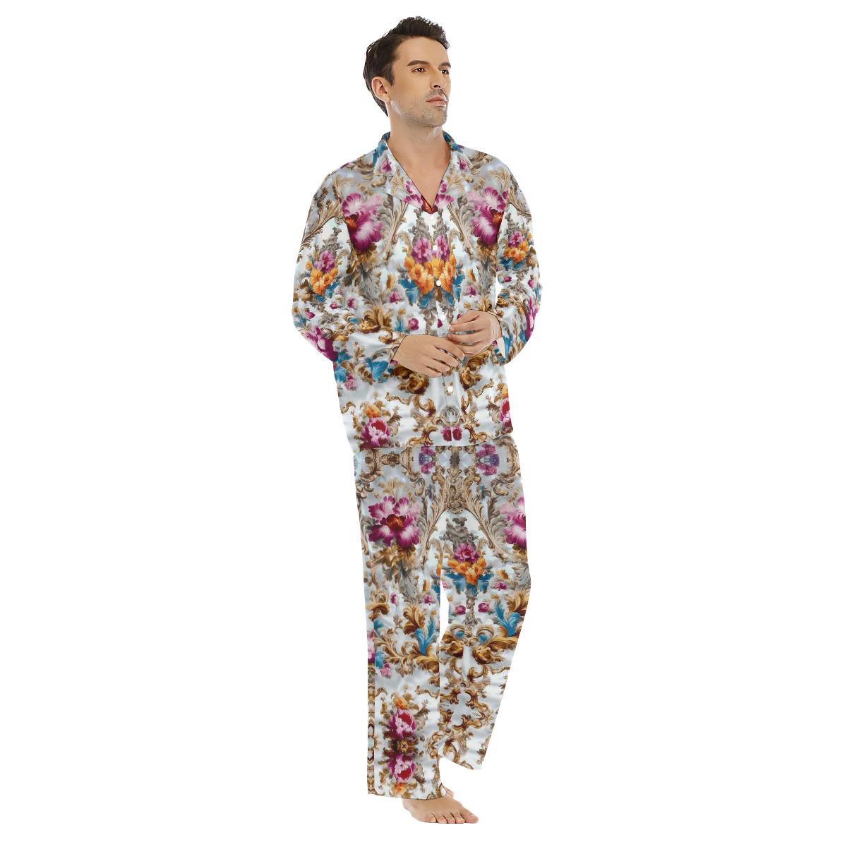 Baroque Floral Mens Satin Pajamas Button Down Sleepwear Set Gift for ...
