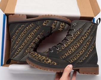 Gold Chain Mail Black Mens Combat Boots Punk Rock Music Audio Footwear Interactive QR Code Lace Up, Cool Gift for Rocker Streetwear