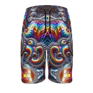 Psychedelic Tessellation Fractal Mens Beach Shorts Trippy Trunks Rave Board Shorts Surfer Waterproof Swimsuit Rainbow