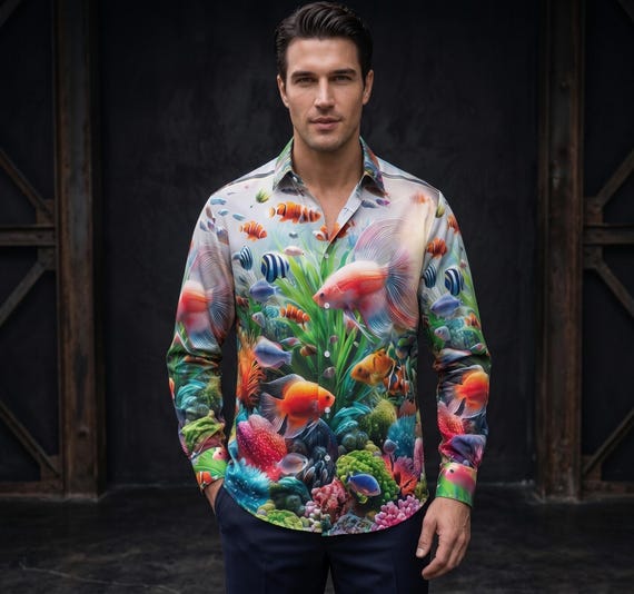 dress shirt with fish on it Men's Fish Style Shirt