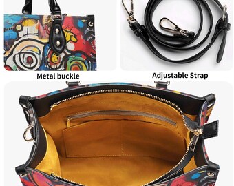 グラフィティアートの高級レザーハンドバッグ、トップハンドルポケット