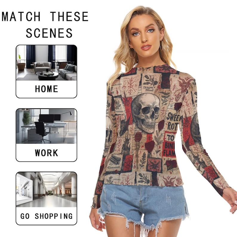 Chemisier transparent en maille sort de magie noire Chemise à manches longues transparente, sorcellerie crâne ésotérique gothique mystique image 3