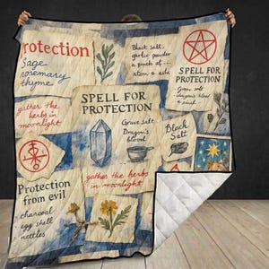 May include: A quilted blanket featuring a collage of parchment-style paper segments with handwritten text and illustrations. The design includes a red pentagram, a crystal, herbs, and text such as Spell for Protection, Black Salt, and Protection from evil.
