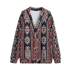 Cardigan de lã tricotado com decote em V, norueguês, islandês, justo, unissex, presente, cottagecore, masculino, feminino, floral, abstrato, inverno, natal, vermelho