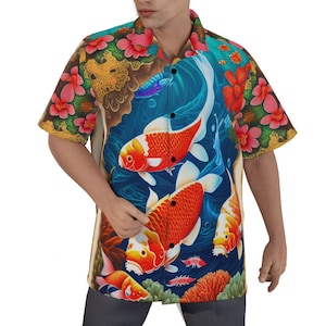 Koi Fisch Baumwolle Aloha Shirt Hawaiian Retro Bowling Geschenk großer großer Mann Rockabilly Kurzarm Tattoo Biker Abweichung Button Up japanische Tinte