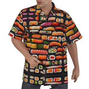 Cotton Sushi Hawaiian Shirt Aloha Sashimi Bowling Big Tall Men Short Sleeve Button Down Novelty Birthday Gift 3D Hyperrealistic Harajuku