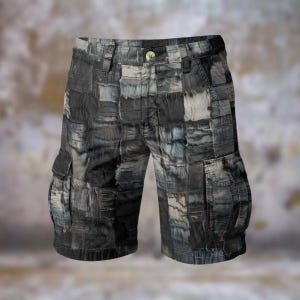 May include: Patchwork cargo shorts in shades of gray, black, and white. The shorts feature a button closure, belt loops, and multiple pockets. The fabric appears to be denim or a similar material.