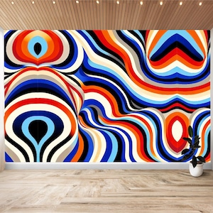 Psychedelic Wallpaper Peel and Stick, Vinyl Wall Mural, Stripes, DIY Home Decor, Wall Sticker, Fractal Trippy Dorm, Man Cave Rave, Op Art