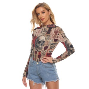 Chemisier transparent en maille sort de magie noire Chemise à manches longues transparente, sorcellerie crâne ésotérique gothique mystique image 5